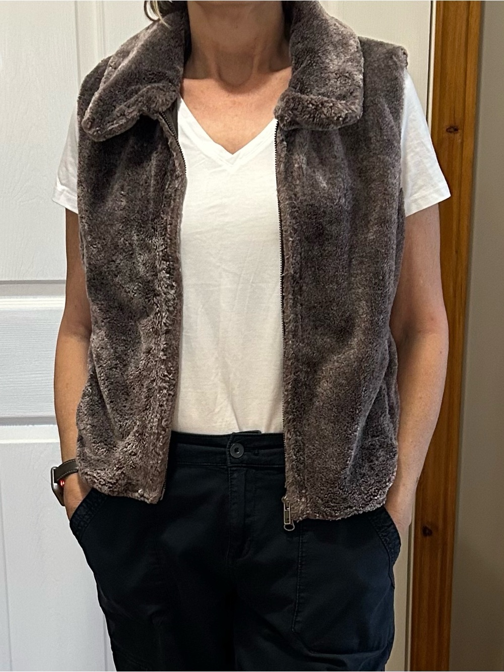 Danger Plush Faux Fur Zip Vest - Taupe Size Medium